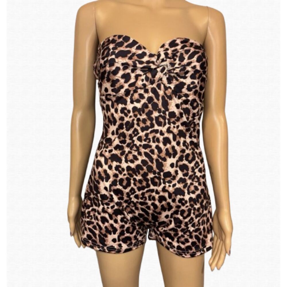 Strapless Leopard Print Romper Twist Front Sweetheart Neck Bodysuit Womens Sz S